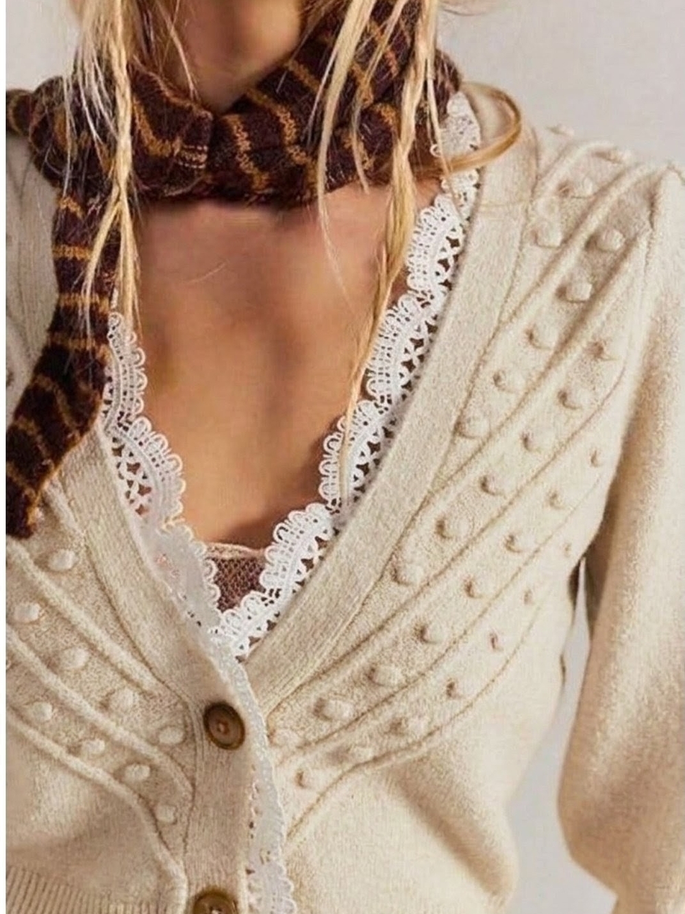 NWT Free People Almond Milk Lace SoftSpun Long Sleeve Knit Crop Cardigan - M - Picture 2 of 12